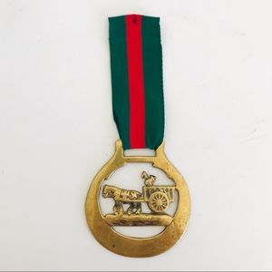 Antique British brass horse medal and ribbon